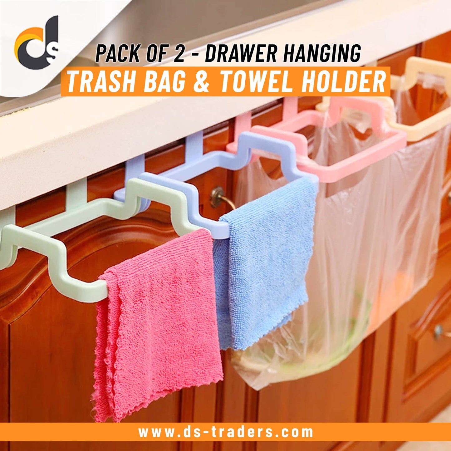 Pack of 2 - Garbage/Trash Bin Bag Holder & Towel Rack For Kitchen Drawer. - DS Traders